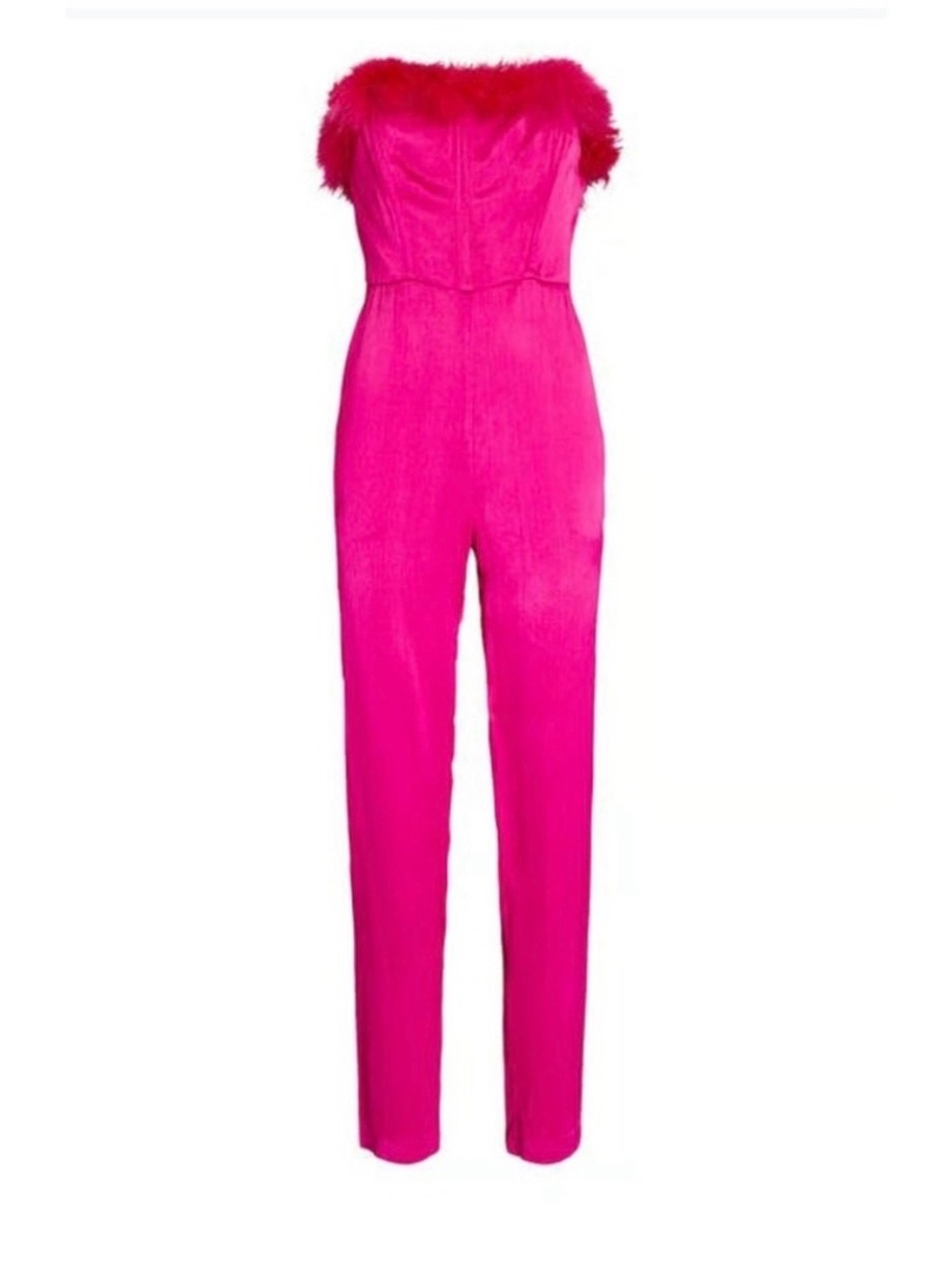 Saylor Raya Satin Feather Trim Strapless Jumpsuit | Hot Pink | Size S